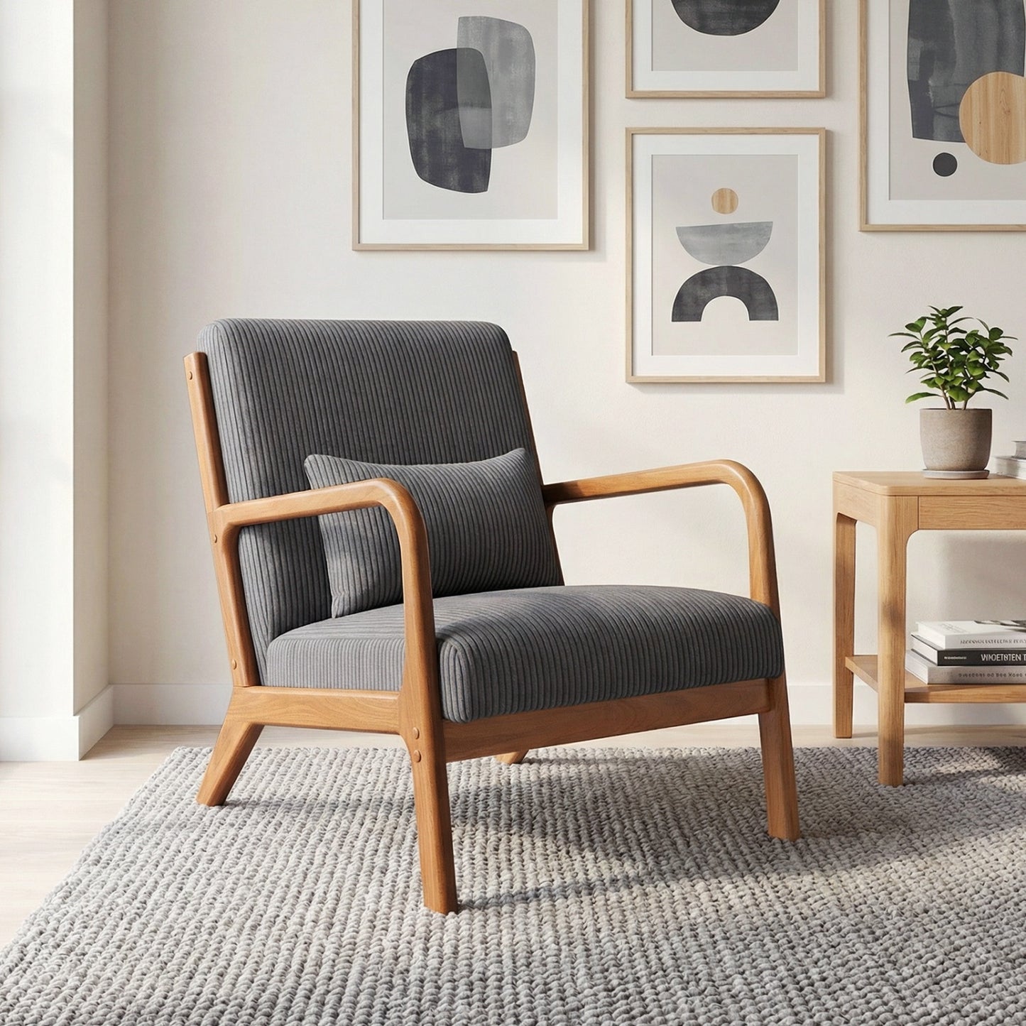 Accent Chair Corduroy Upholstered Lounge Chair with Lumbar Pillow-Gray