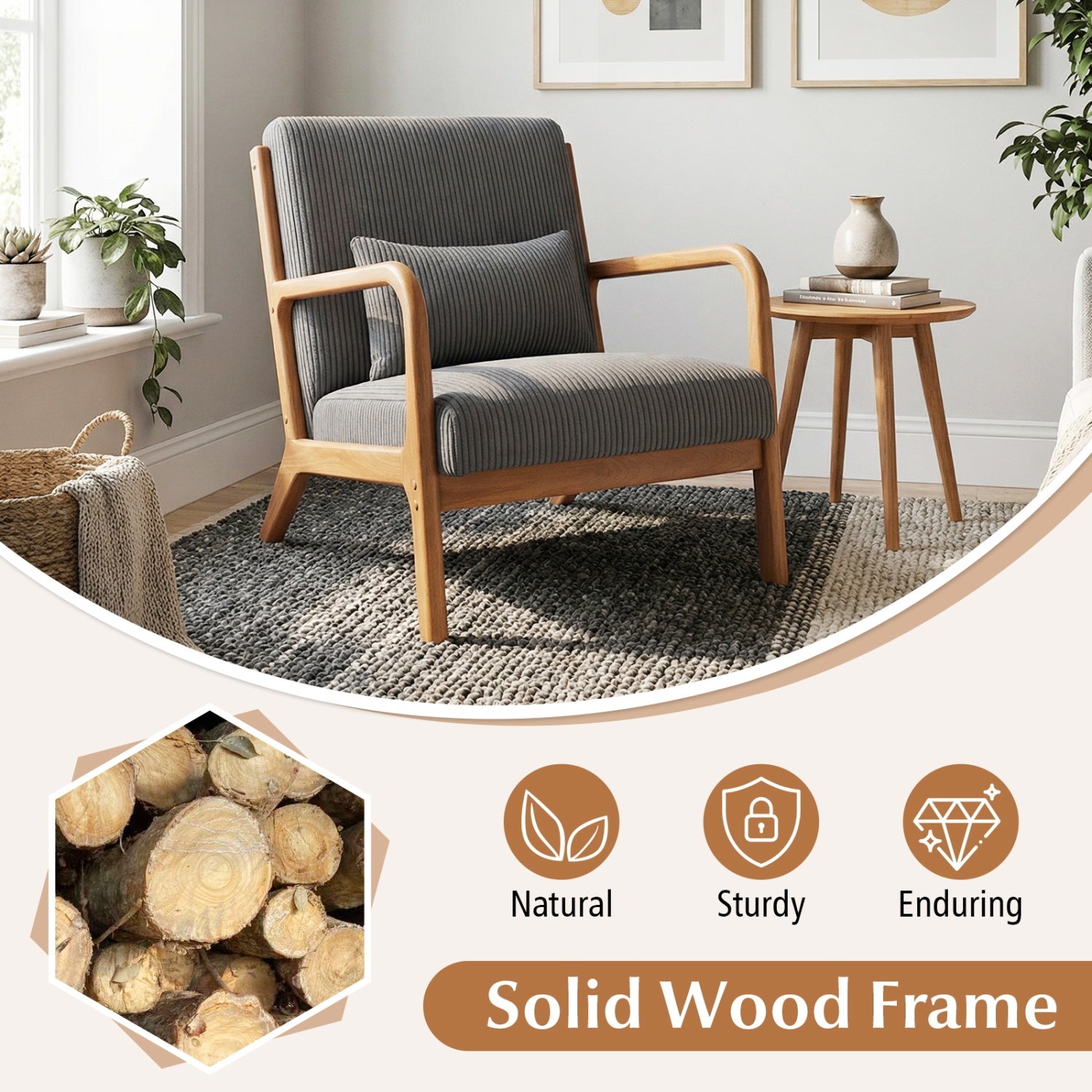 Accent Chair Corduroy Upholstered Lounge Chair with Lumbar Pillow-Gray