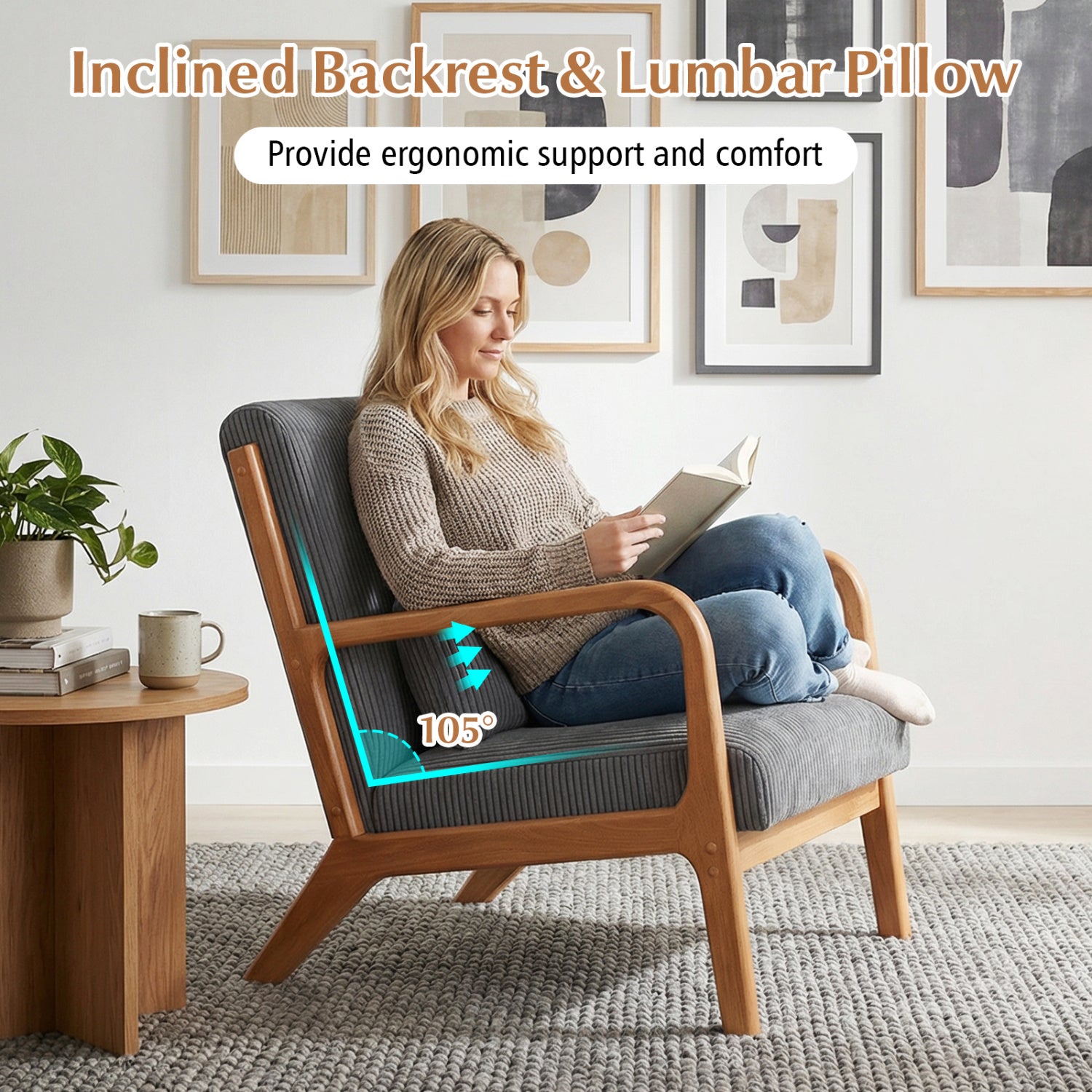 Accent Chair Corduroy Upholstered Lounge Chair with Lumbar Pillow-Gray