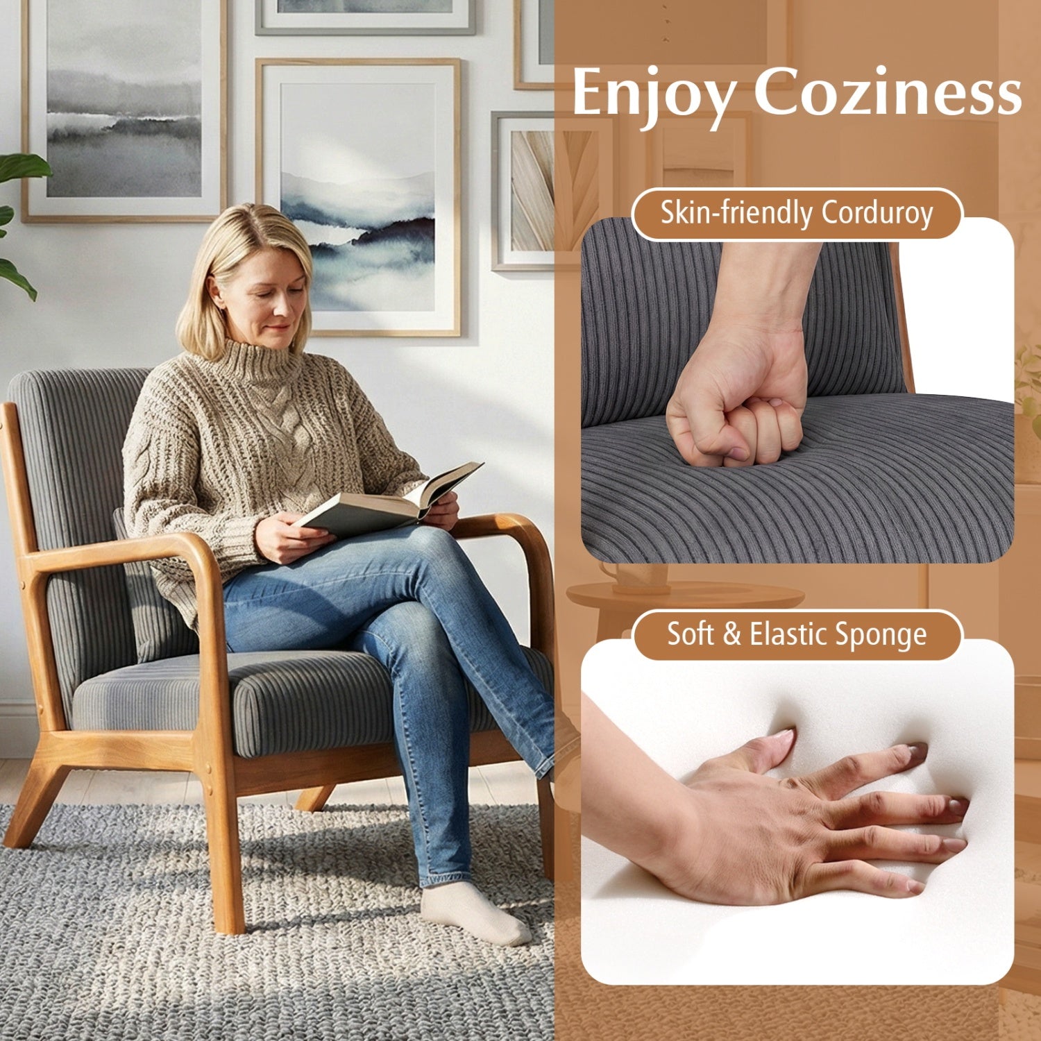 Accent Chair Corduroy Upholstered Lounge Chair with Lumbar Pillow-Gray