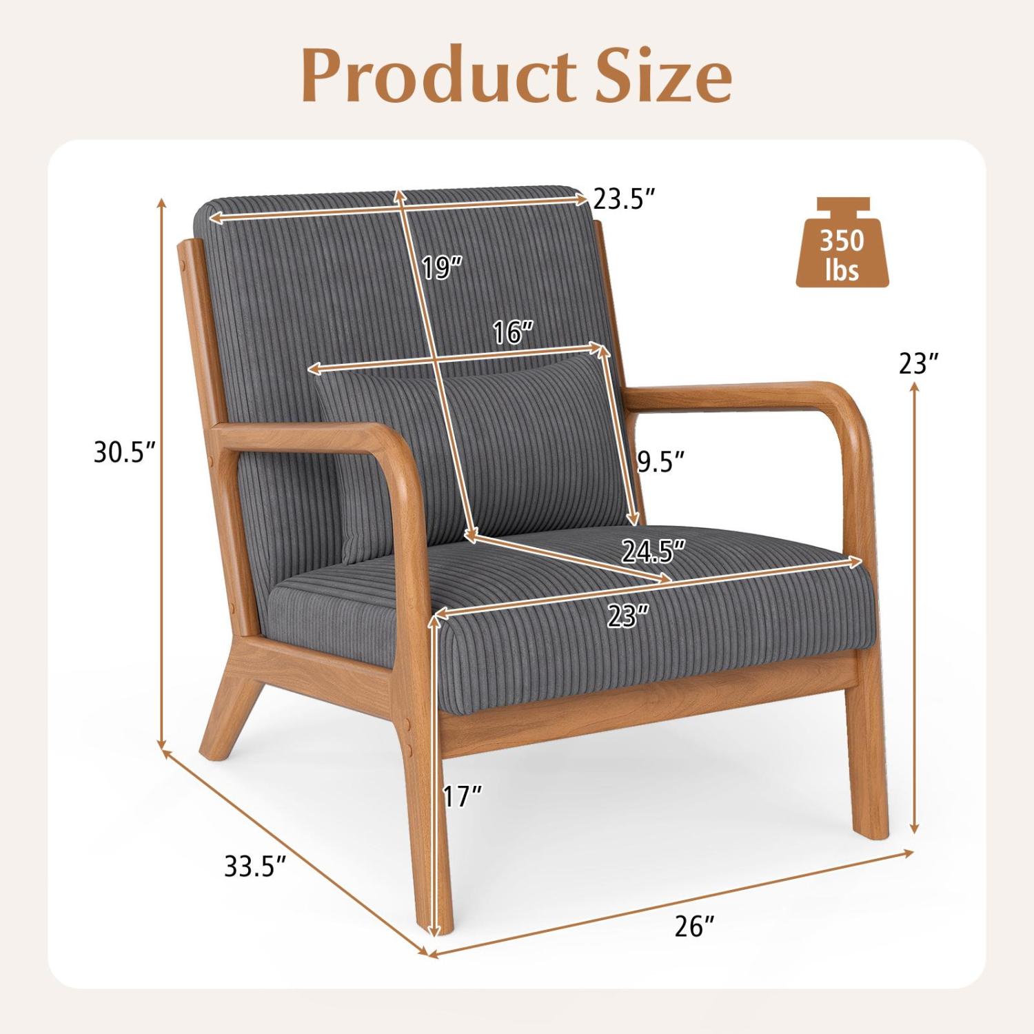 Accent Chair Corduroy Upholstered Lounge Chair with Lumbar Pillow-Gray
