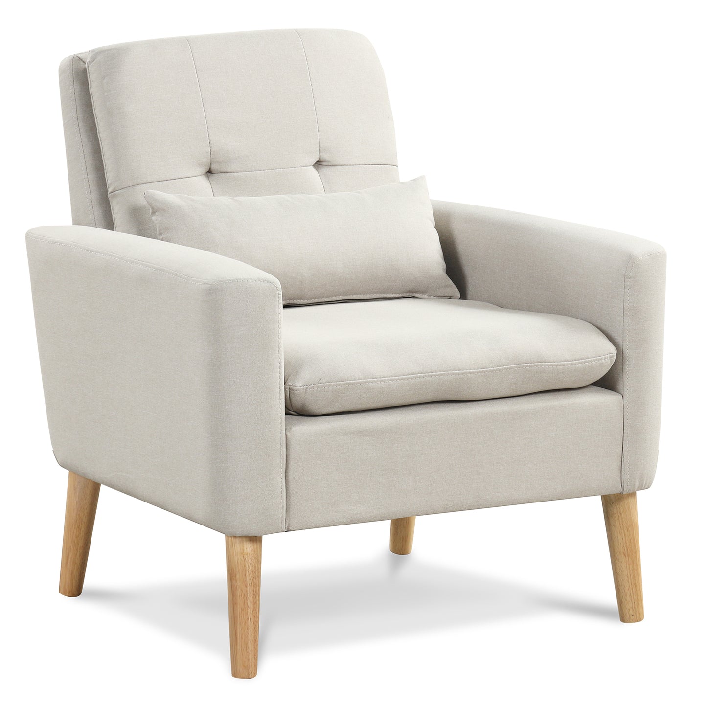 Accent Chair with Lumbar Pillow Natural Rubber Wood Legs Padded Cushions-Beige - Beige