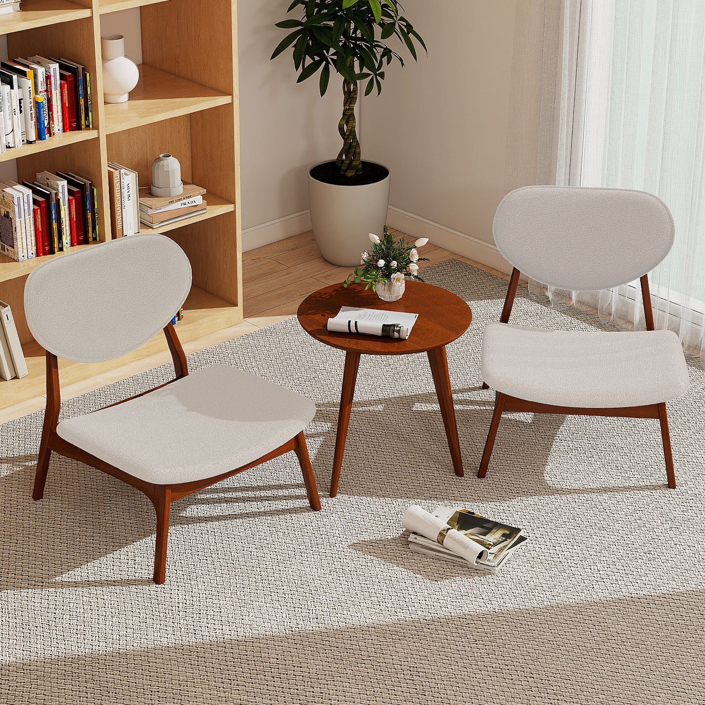 Accent Chairs Set of 2 with Side Table and Solid Wood Frame-Beige