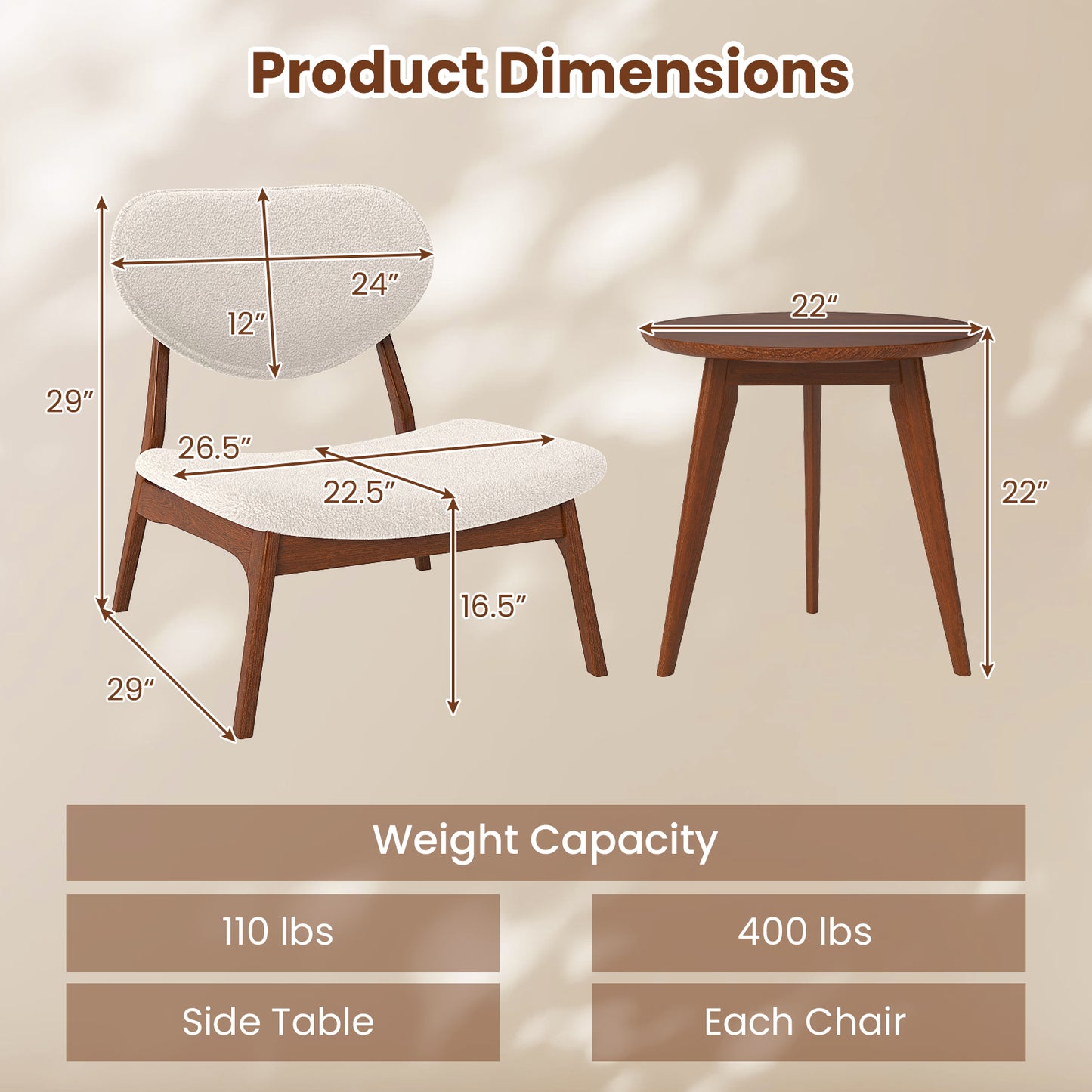 Accent Chairs Set of 2 with Side Table and Solid Wood Frame-Beige