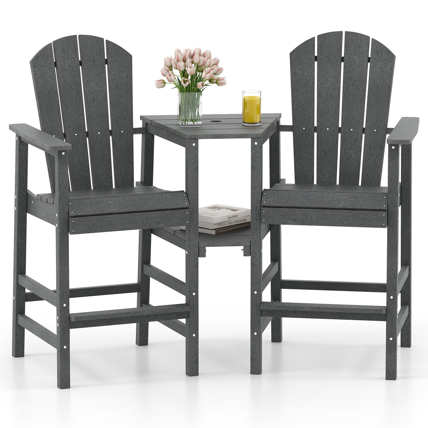 2-Seat Adirondack Chair All-Weather Adirondack Chair with Double Connecting Tray-Black - Gray