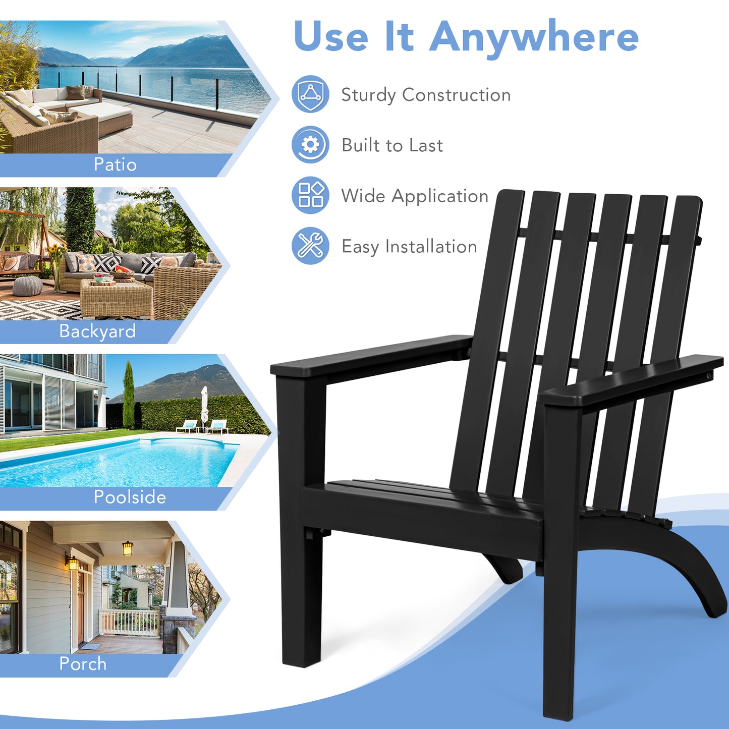 Outdoor Durable Patio Acacia Wood Adirondack Lounge Armchair-Black - Black
