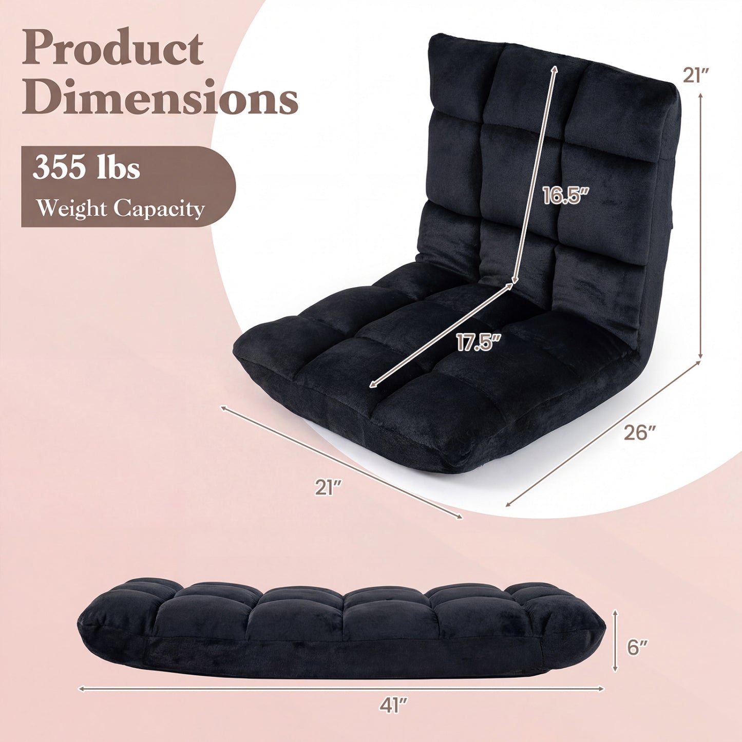 Adjustable 14-position Cushioned Floor Chair-Beige - Black