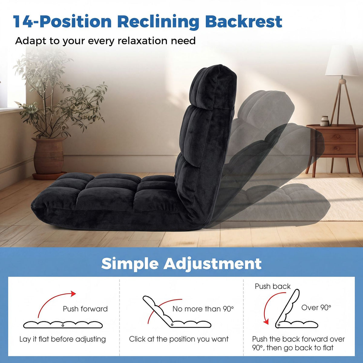 Adjustable 14-Position Floor Chair with Soft Flannel Cover and Heavy Duty Metal Support for Adults