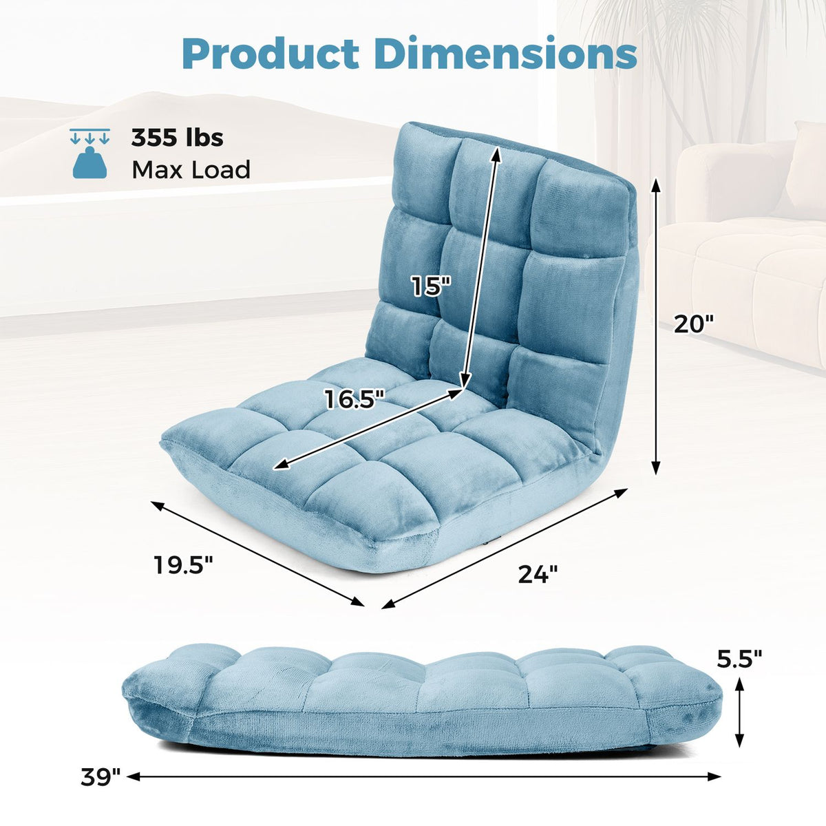 Adjustable 14-Position Floor Chair with Soft Flannel Cover and Heavy Duty Metal Support for Adults