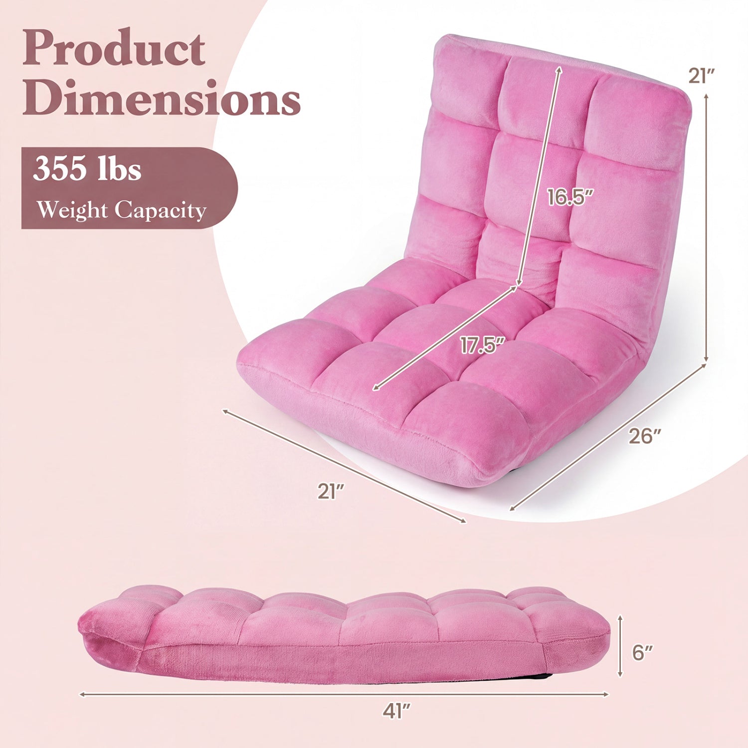 Adjustable 14-position Cushioned Floor Chair-Beige - Pink