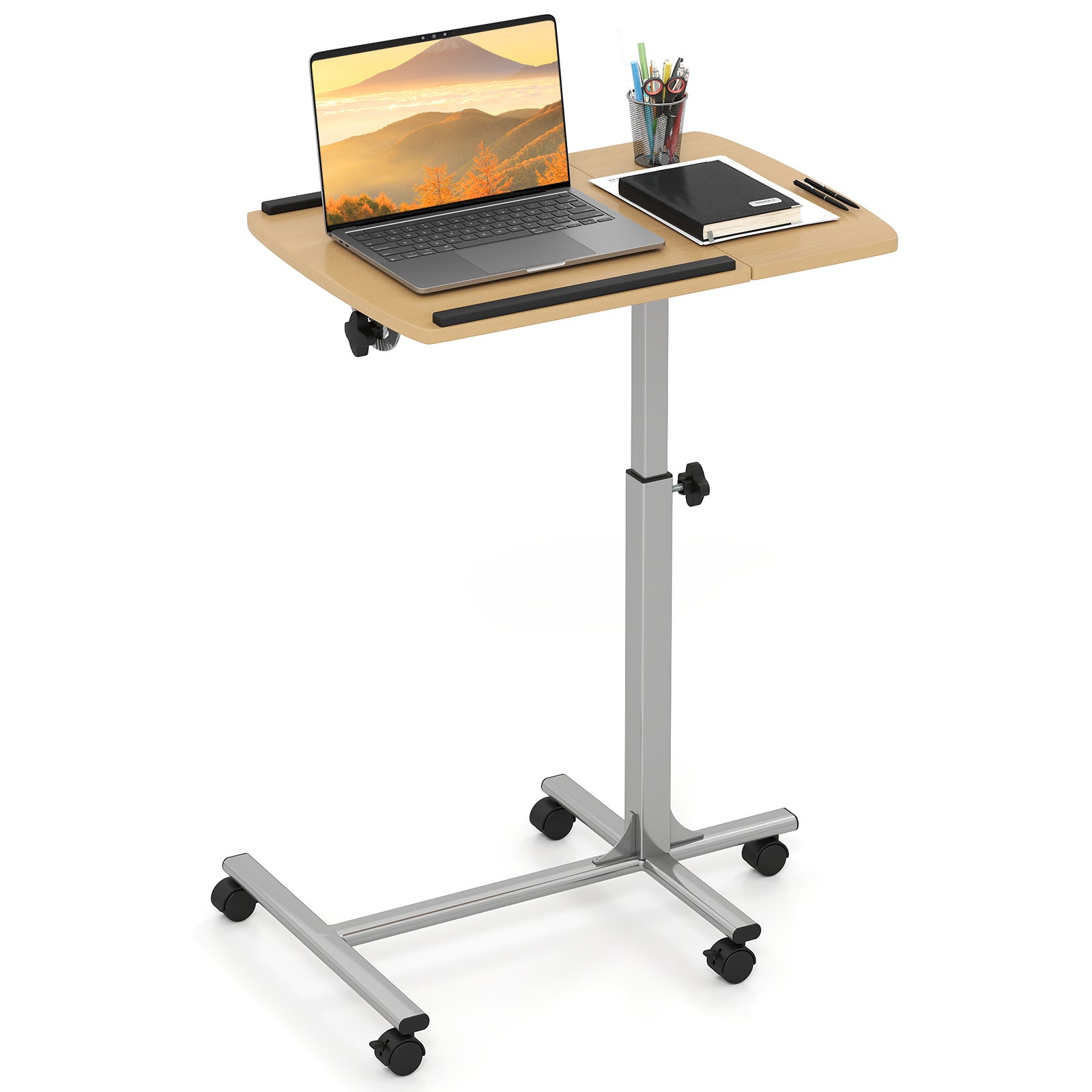 Adjustable Angle Height Rolling Laptop Table-White - Natural