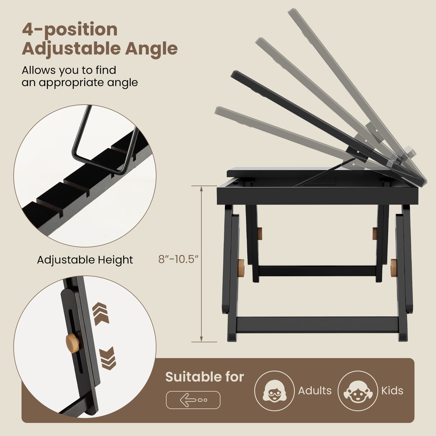 Bamboo Laptop Lap Tray with Adjustable Legs and Tilting Heat-dissipation Top