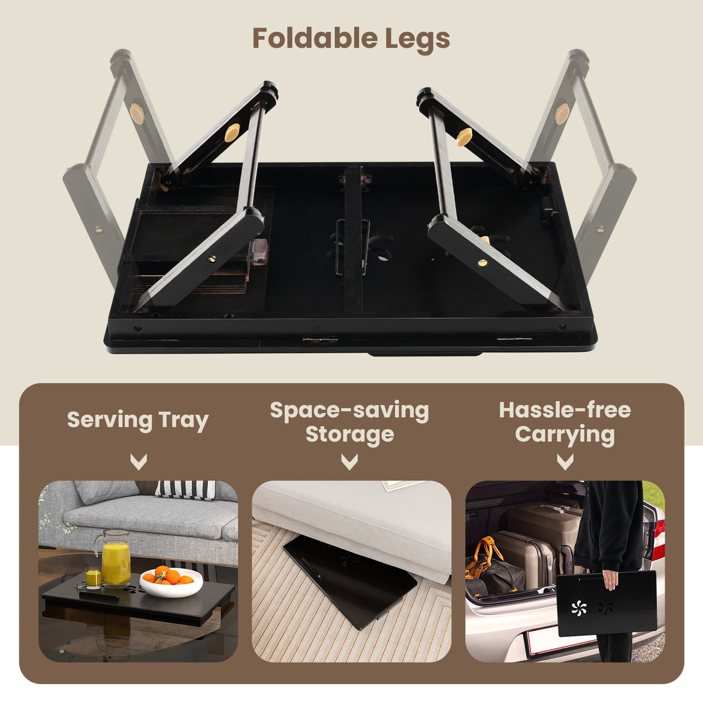 Bamboo Laptop Lap Tray with Adjustable Legs and Tilting Heat-dissipation Top