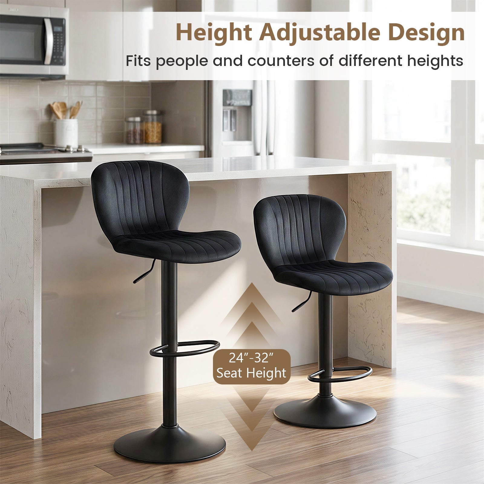 Adjustable Counter Height Chairs Set of 2 with Velvet Upholstered Backrests-Black