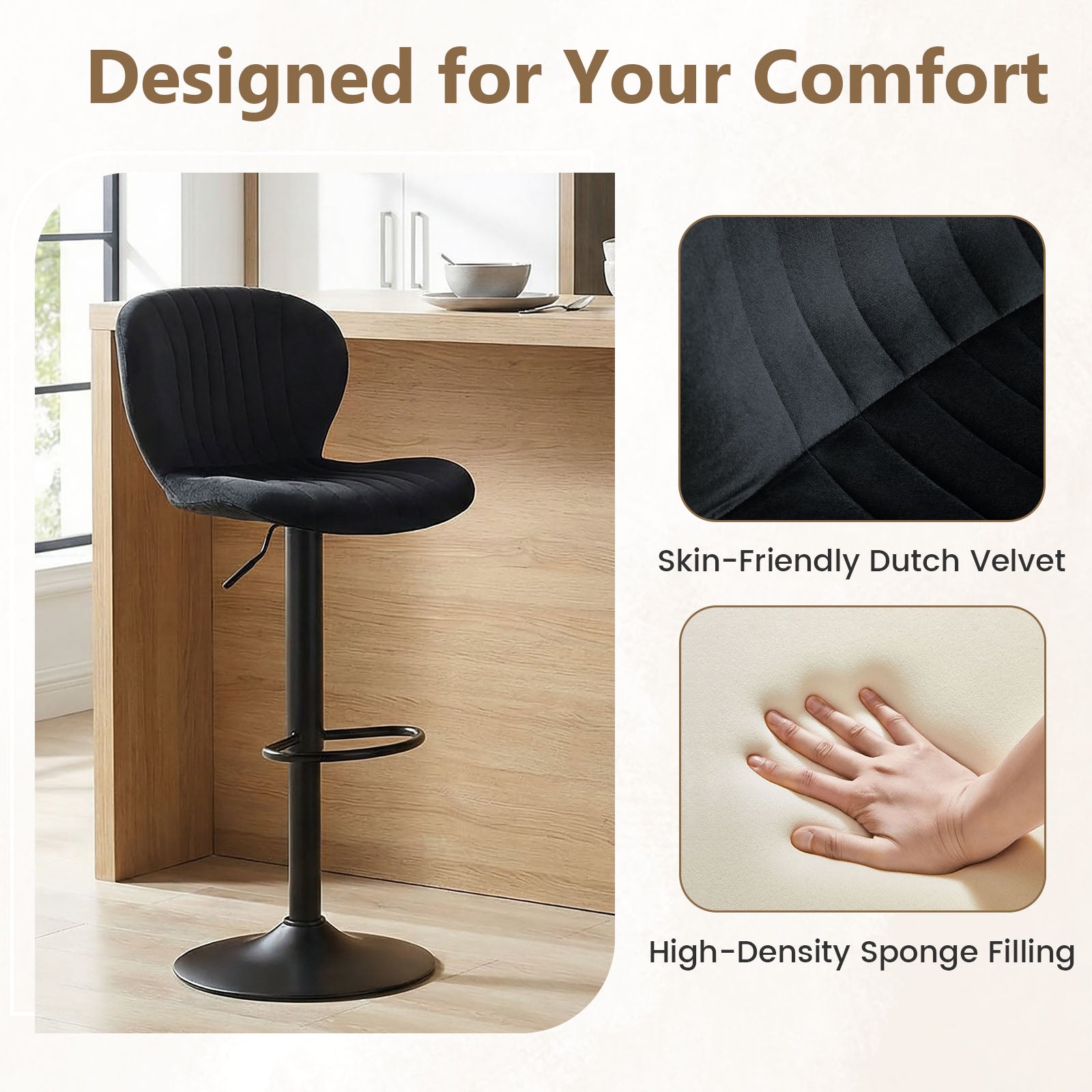Adjustable Counter Height Chairs Set of 2 with Velvet Upholstered Backrests-Black