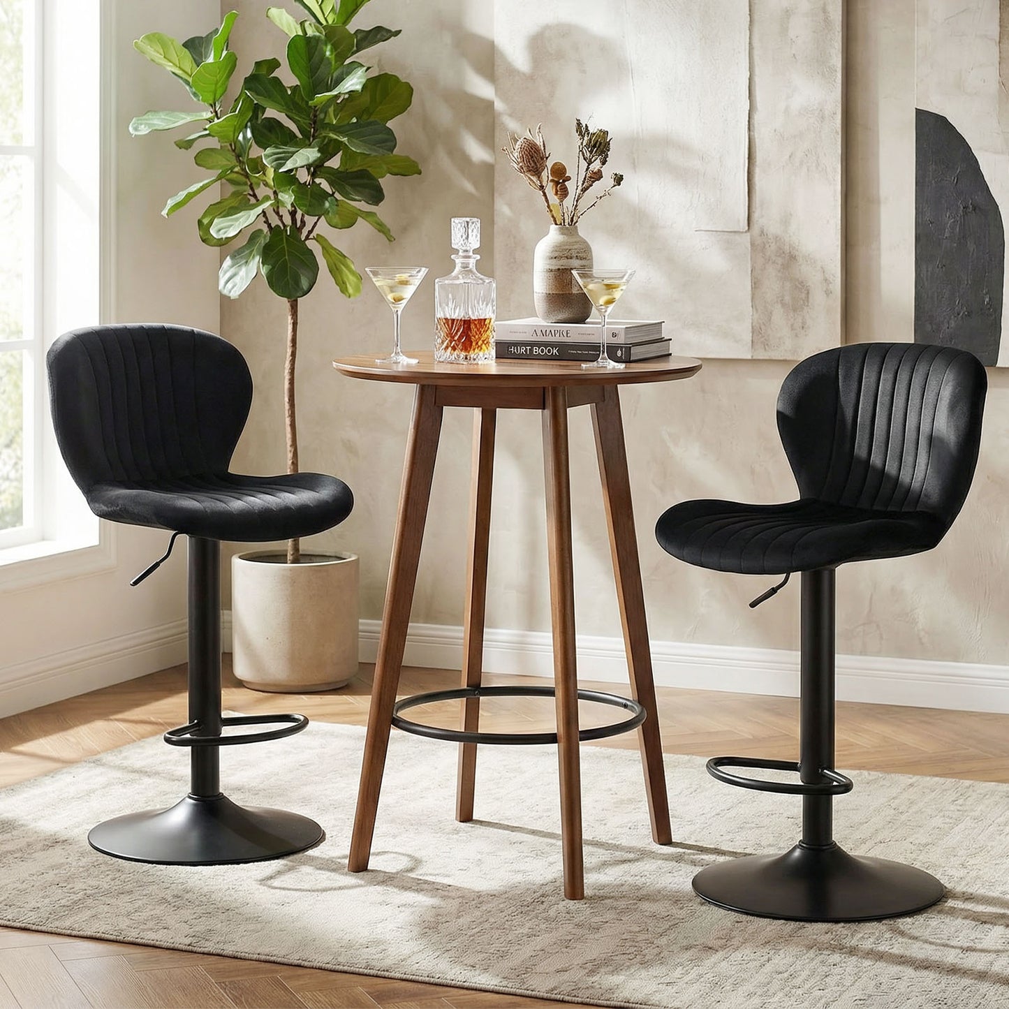 Adjustable Counter Height Chairs Set of 2 with Velvet Upholstered Backrests-Black