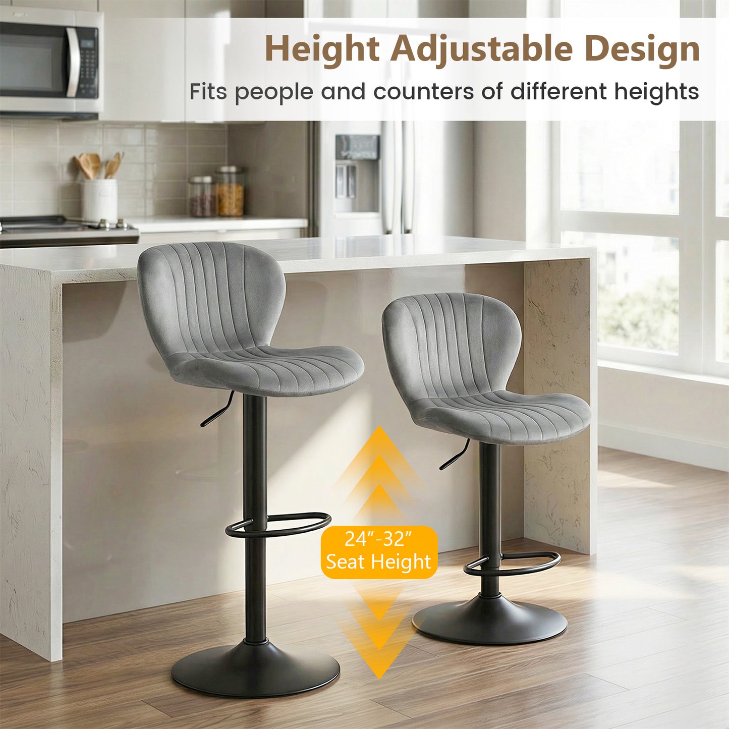 Adjustable Counter Height Chairs Set of 2 with Velvet Upholstered Backrests-Gray