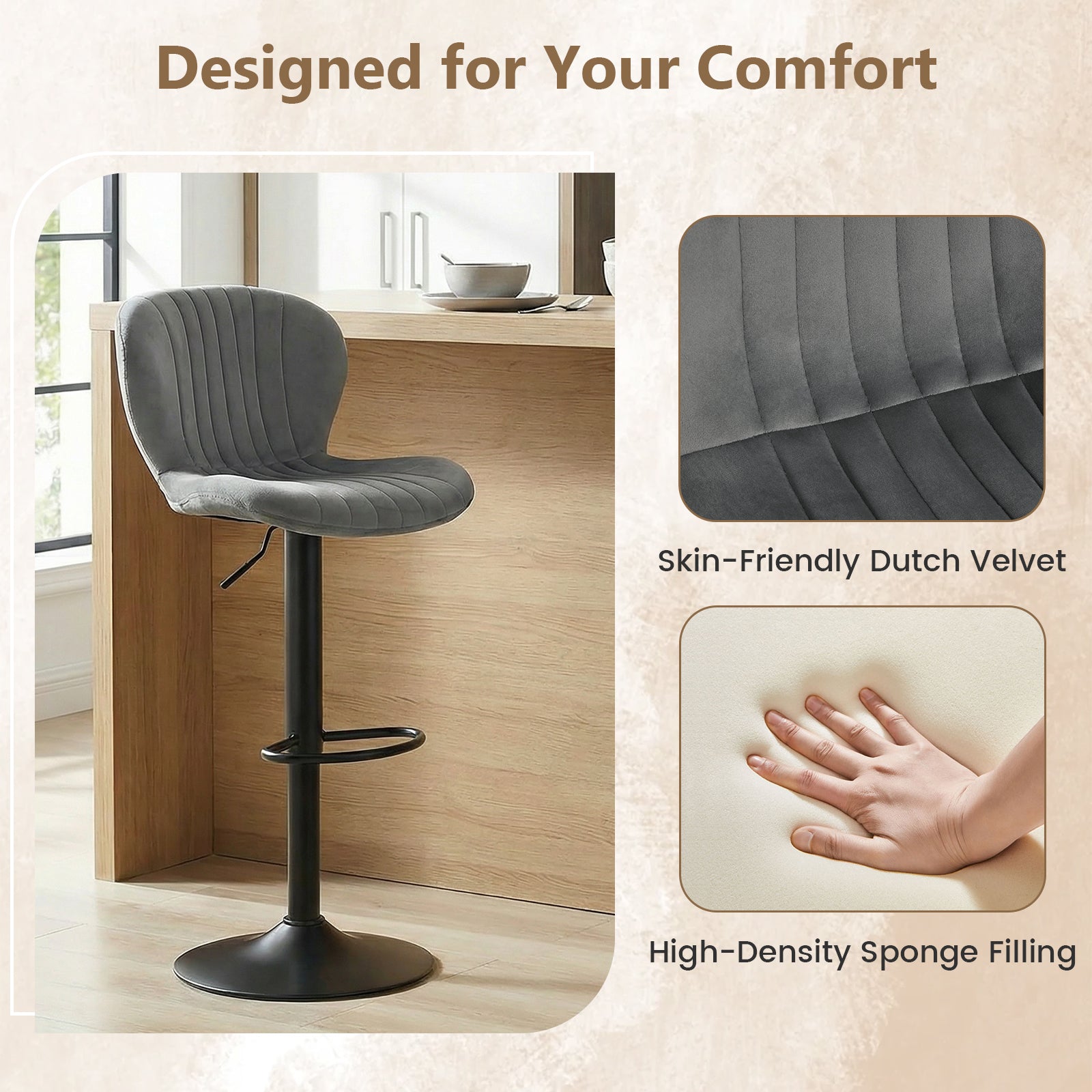 Adjustable Counter Height Chairs Set of 2 with Velvet Upholstered Backrests-Gray