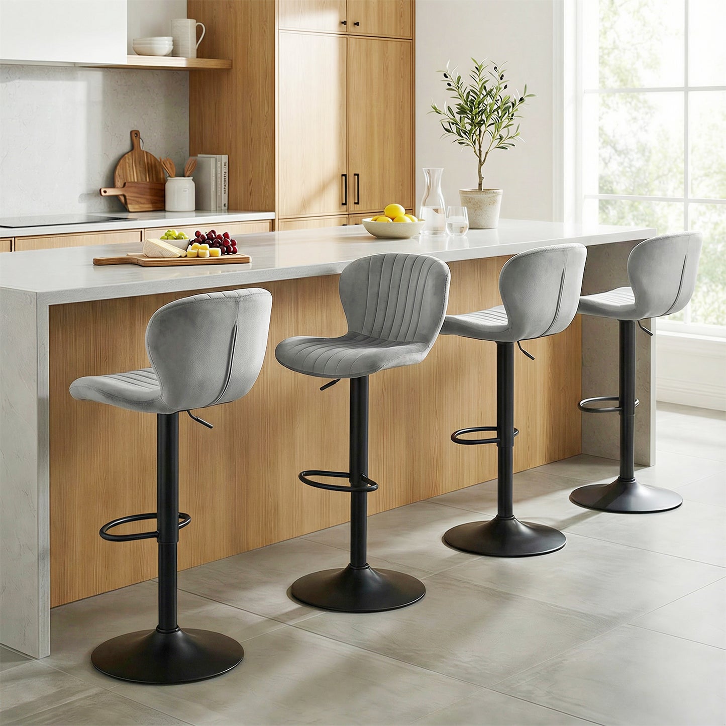 Adjustable Counter Height Chairs Set of 2 with Velvet Upholstered Backrests-Gray
