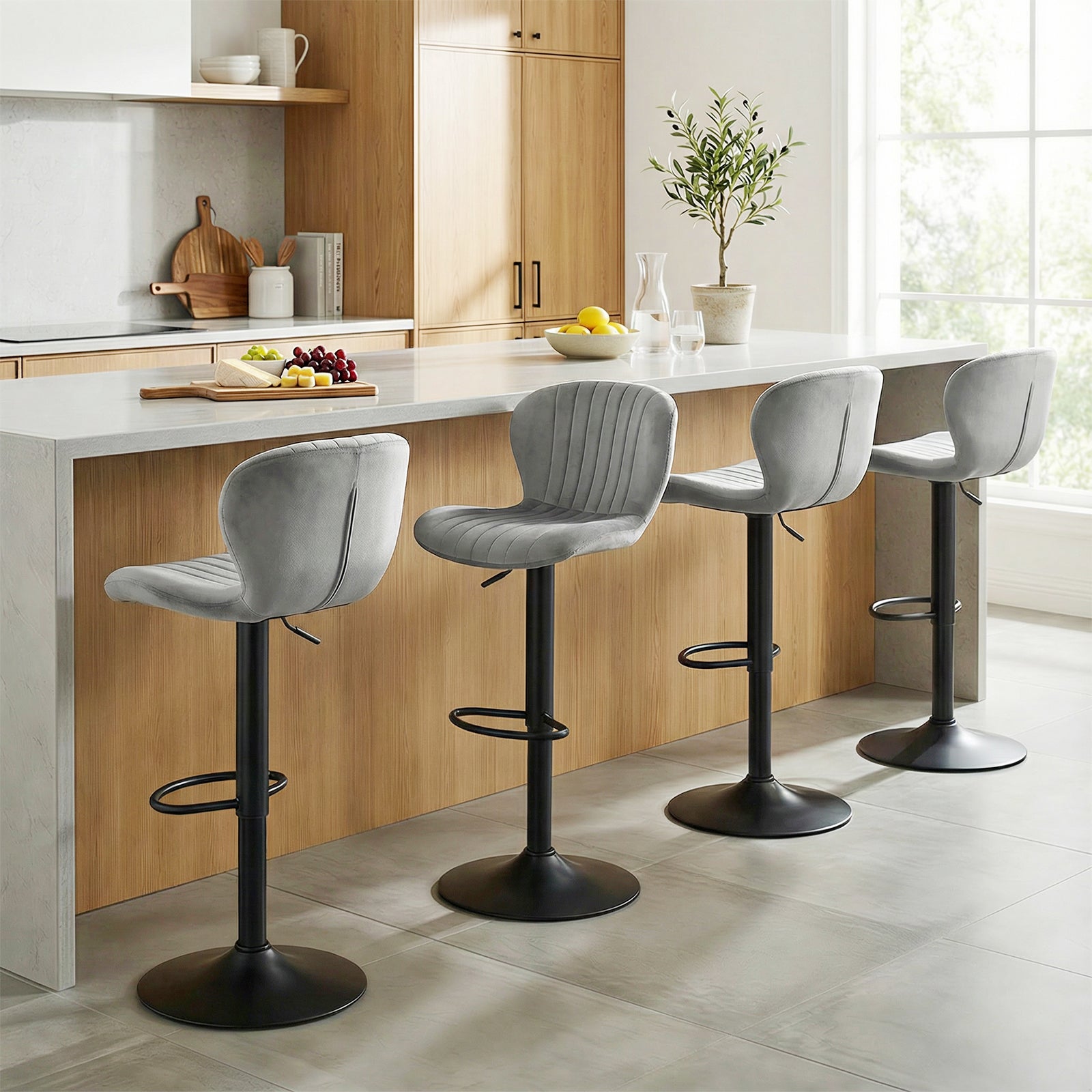 Adjustable Counter Height Chairs Set of 2 with Velvet Upholstered Backrests-Gray