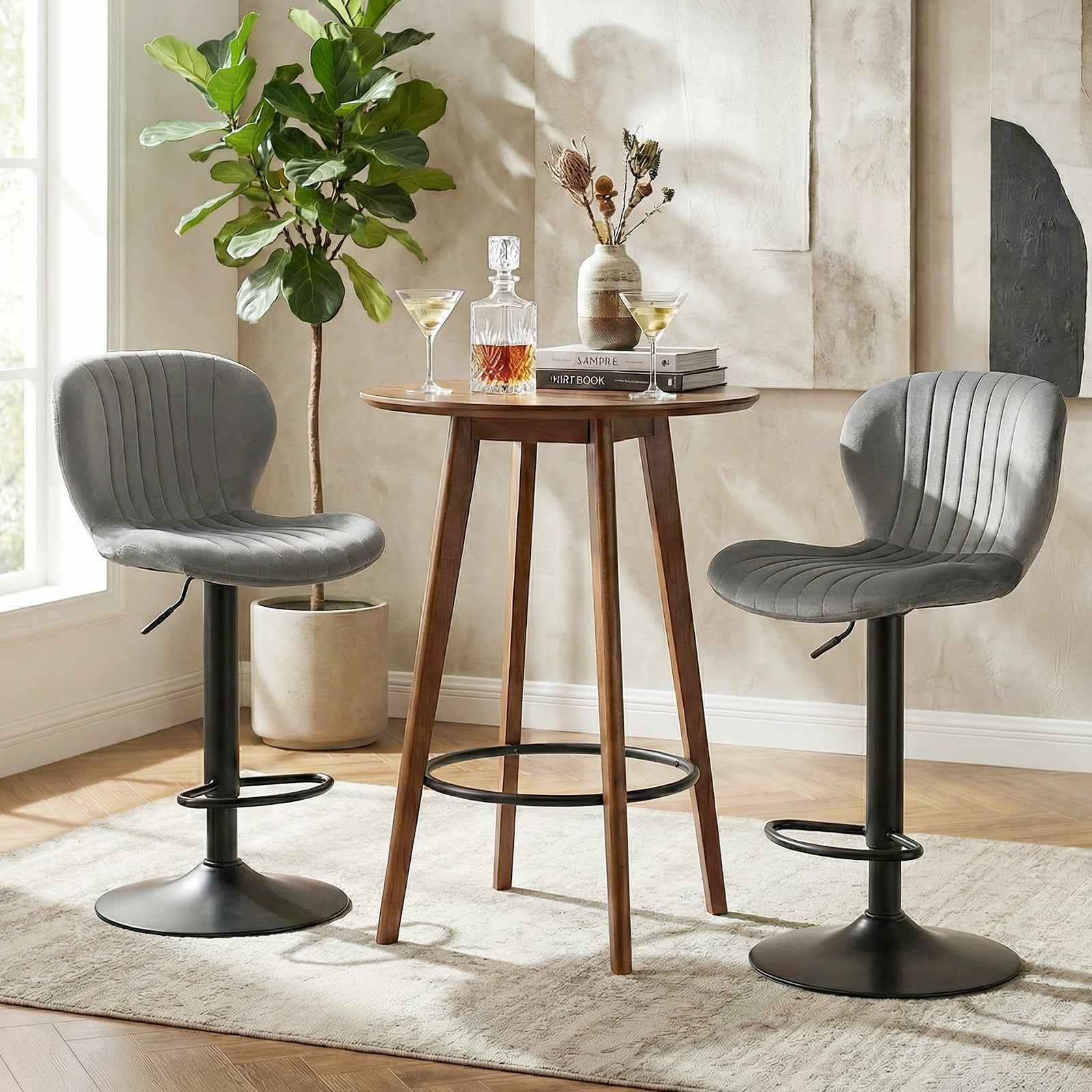 Adjustable Counter Height Chairs Set of 4 with Velvet Upholstered Backrests-Gray