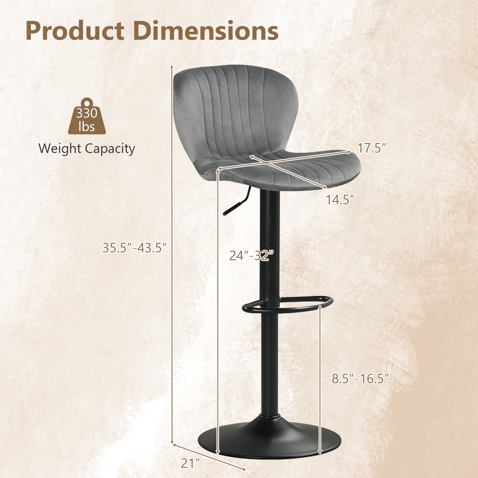 Adjustable Counter Height Chairs Set of 4 with Velvet Upholstered Backrests-Gray