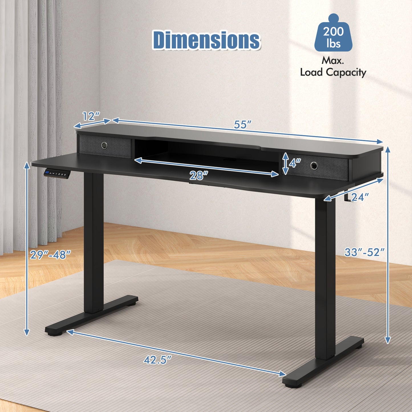 55 Inch x 24 Inch Height Adjustable Electric Standing Desk with 2 Drawers-Brown - Black
