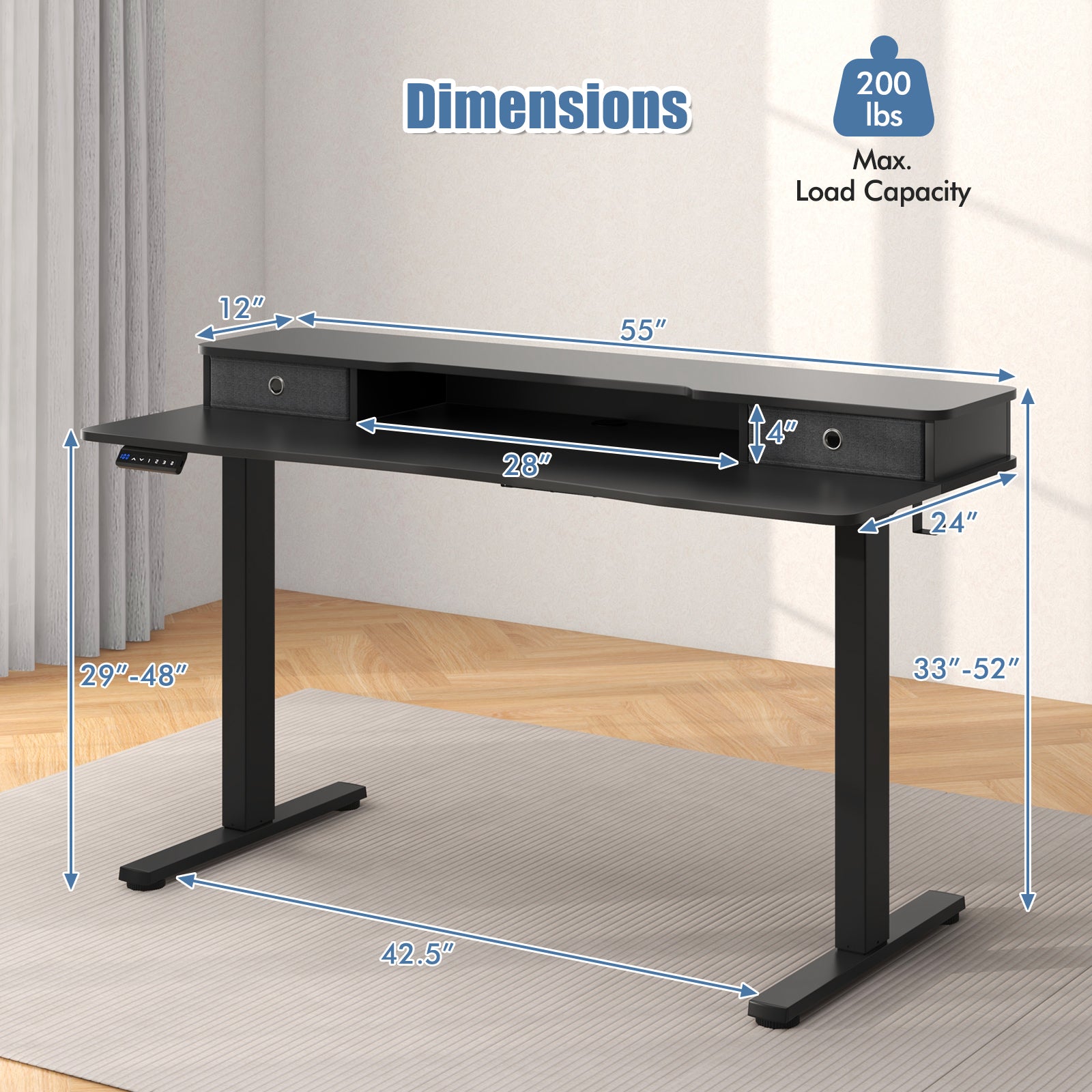 55 Inch x 24 Inch Height Adjustable Electric Standing Desk with 2 Drawers-Brown - Black