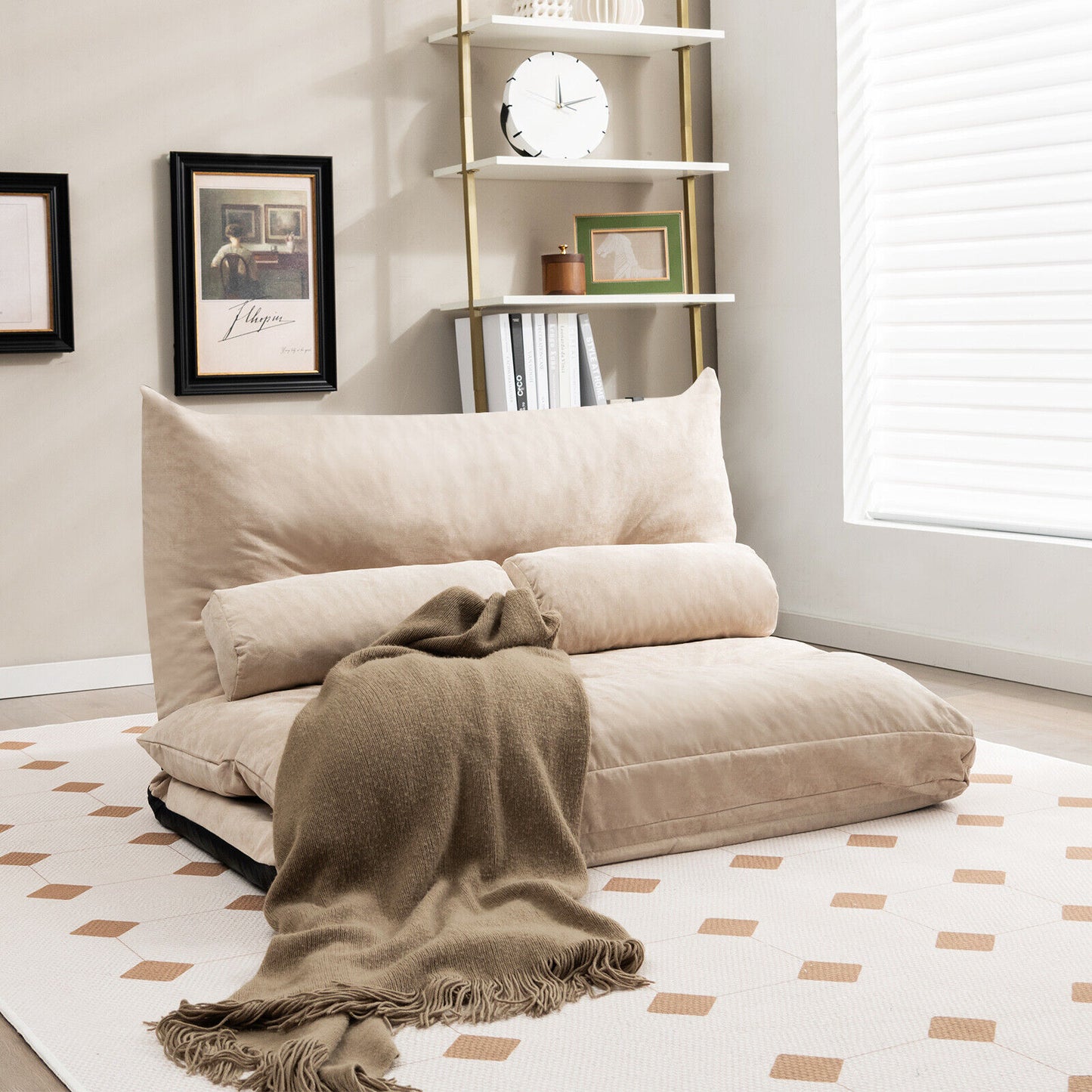Adjustable Floor Sofa Bed with 2 Lumbar Pillows-Beige