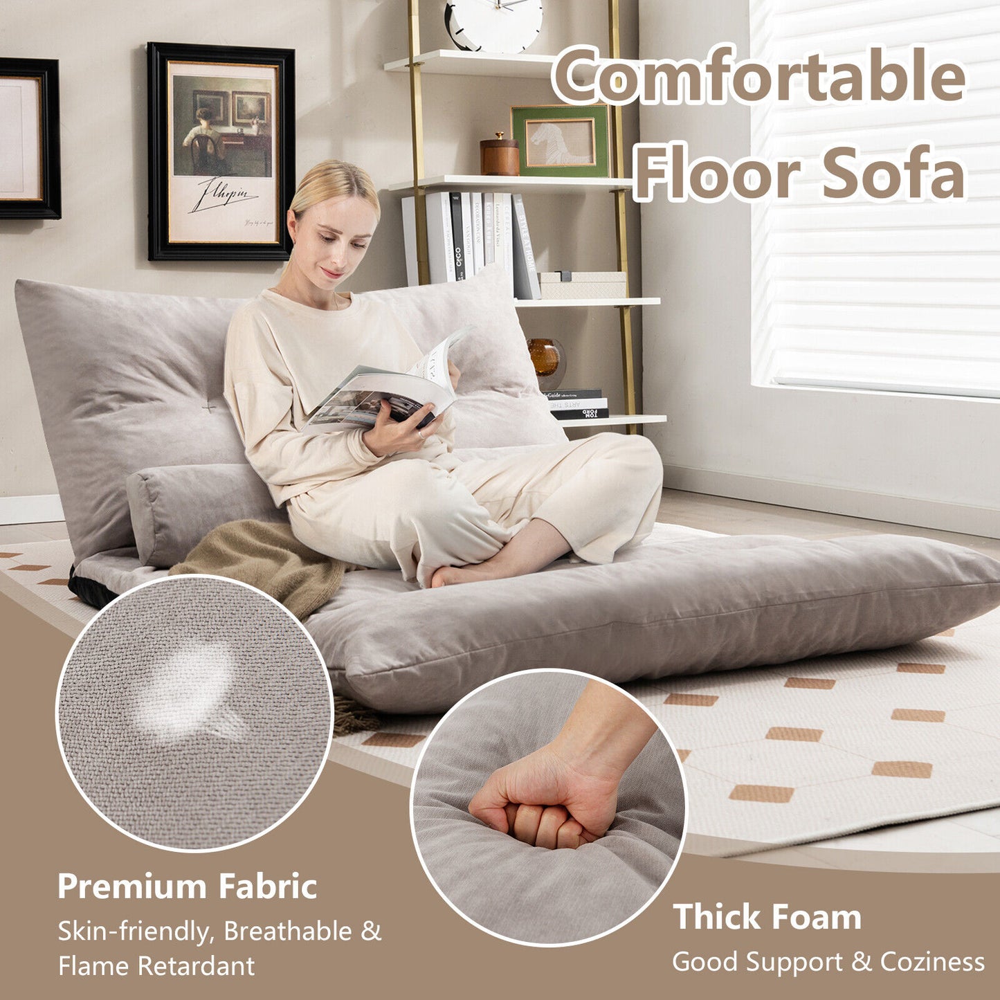 Adjustable Floor Sofa Bed with 2 Lumbar Pillows-Gray