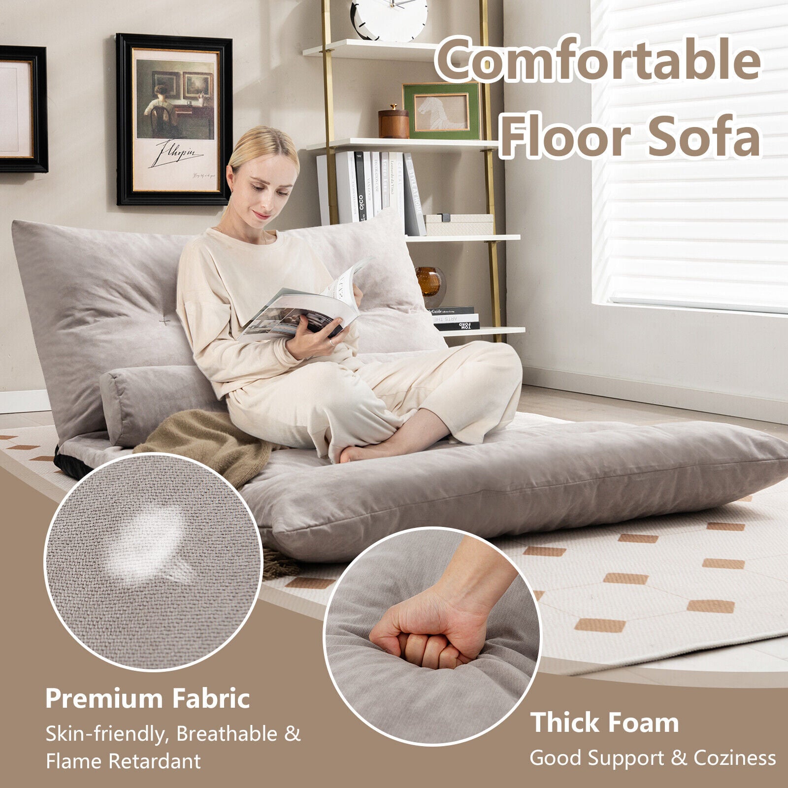 Adjustable Floor Sofa Bed with 2 Lumbar Pillows-Gray
