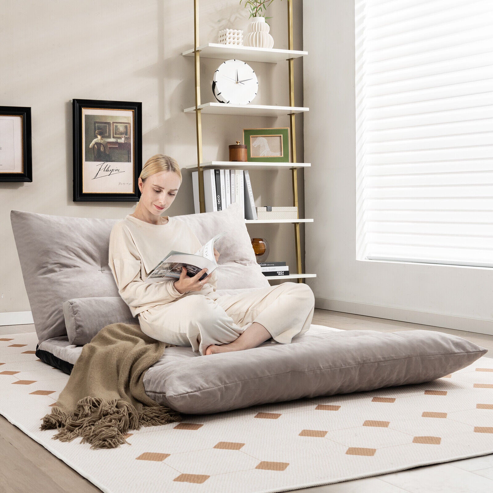 Adjustable Floor Sofa Bed with 2 Lumbar Pillows-Gray