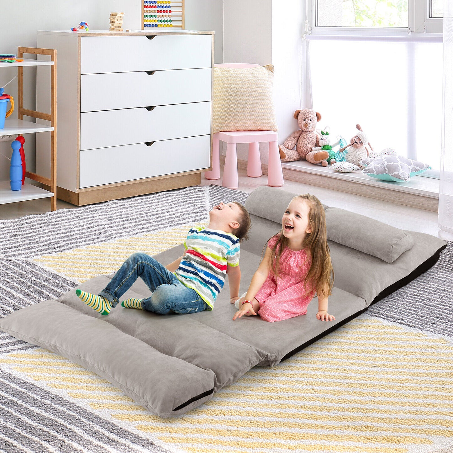 Adjustable Floor Sofa Bed with 2 Lumbar Pillows-Gray