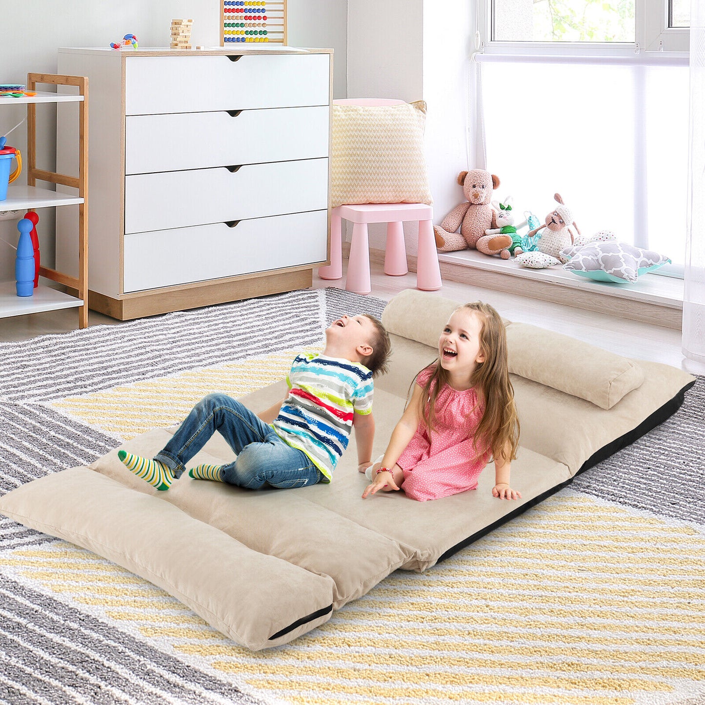 Adjustable Floor Sofa Bed with 2 Lumbar Pillows-Beige