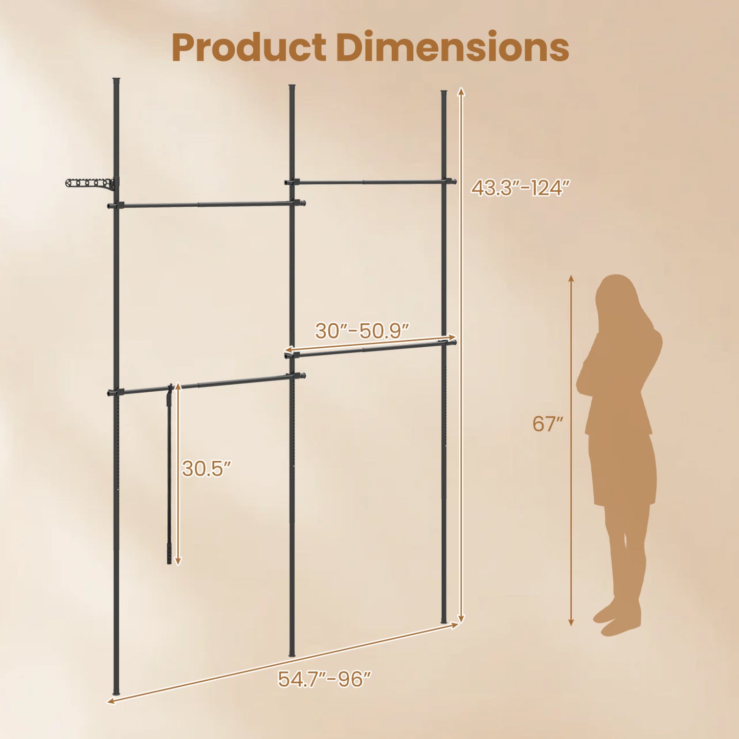 Floor to Ceiling Clothes Rack with 4 Adjustable Hanging Rods