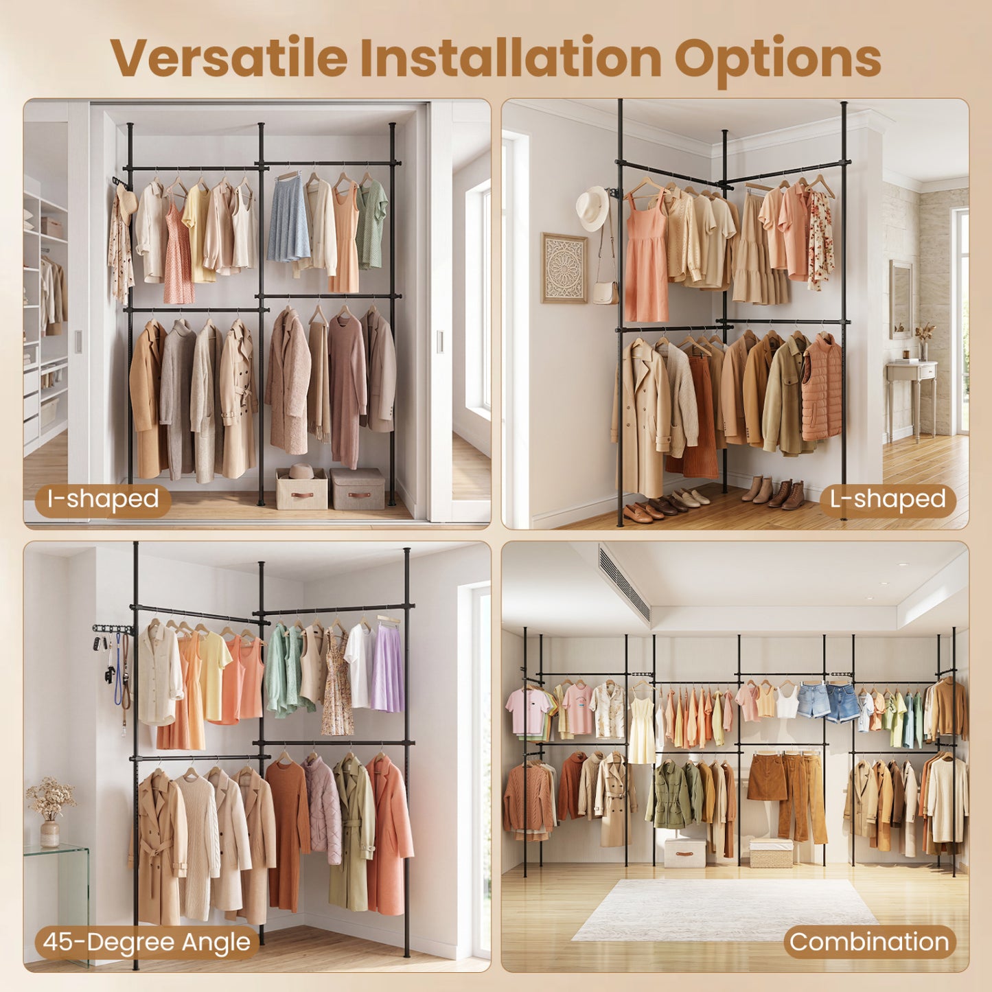 Floor to Ceiling Clothes Rack with 4 Adjustable Hanging Rods
