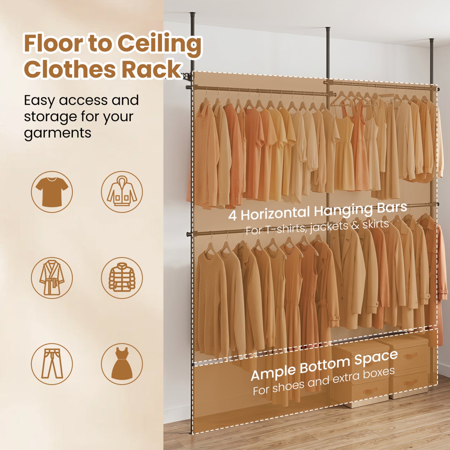 Floor to Ceiling Clothes Rack with 4 Adjustable Hanging Rods