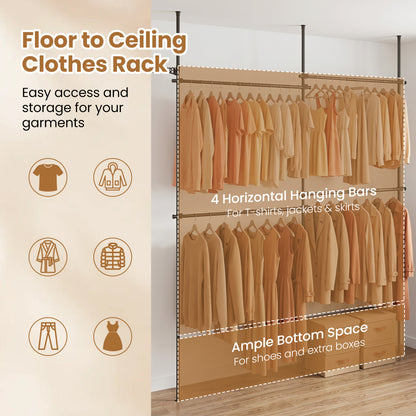 Floor to Ceiling Clothes Rack with 4 Adjustable Hanging Rods