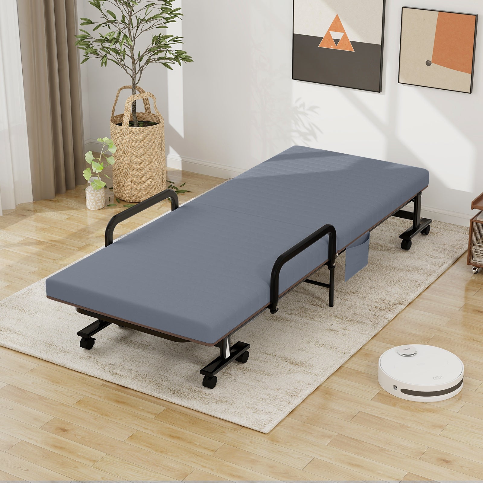 Adjustable Folding Guest Bed Frame with Mattress and Wheels-Gray