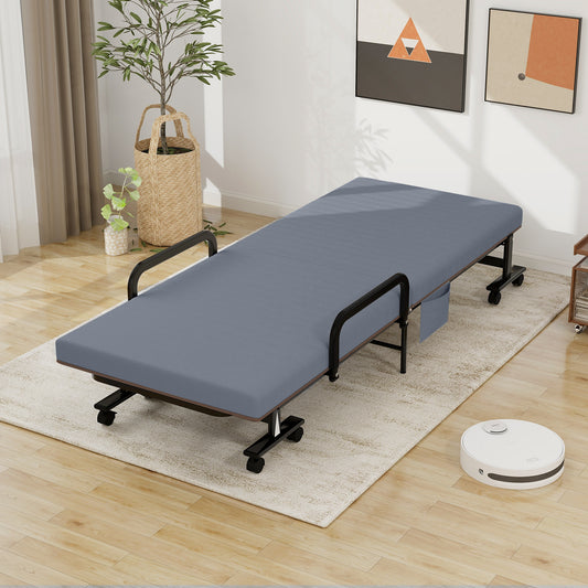 Adjustable Folding Guest Bed Frame with Mattress and Wheels-Gray