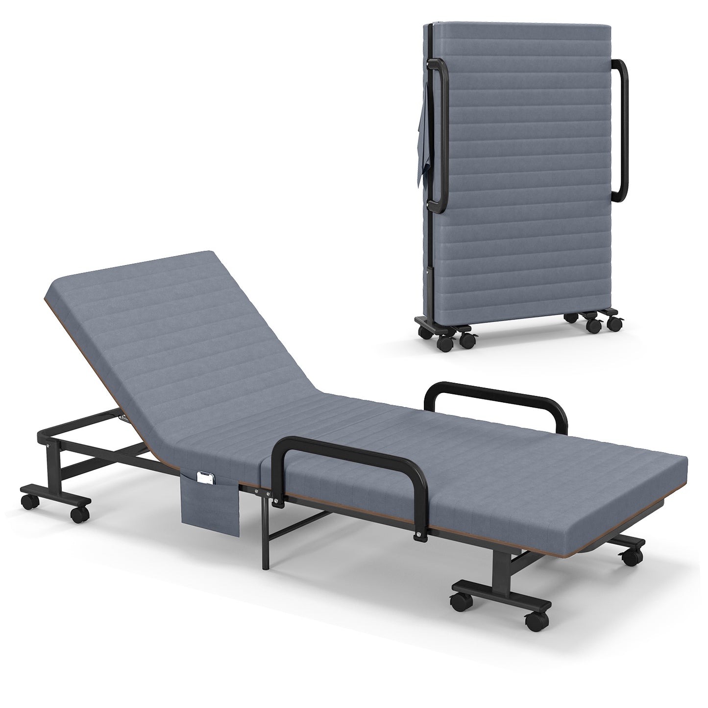 Adjustable Folding Guest Bed Frame with Mattress and Wheels-Gray