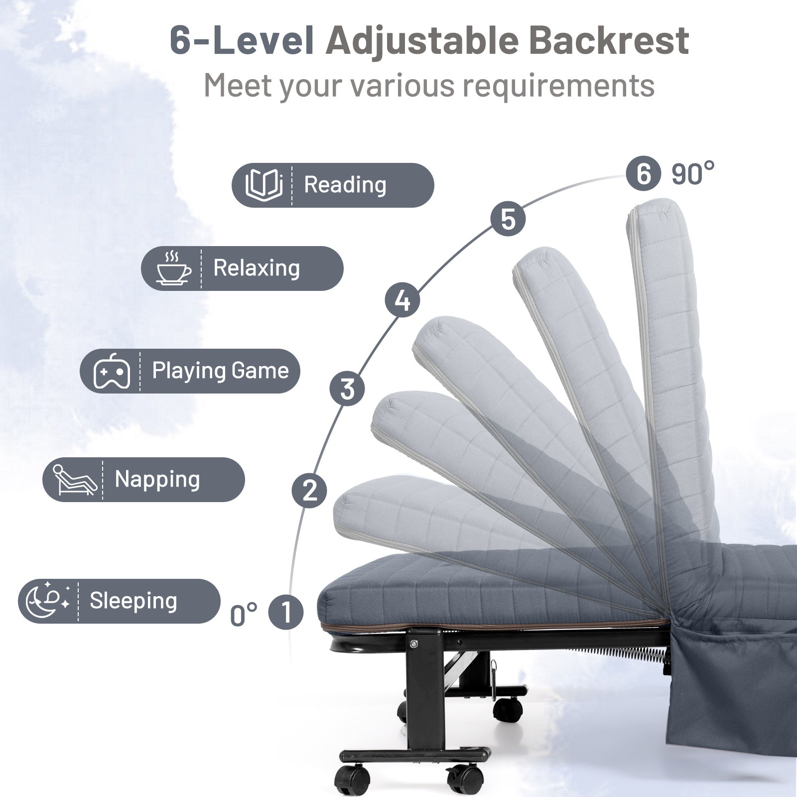 Adjustable Folding Guest Bed Frame with Mattress and Wheels-Gray
