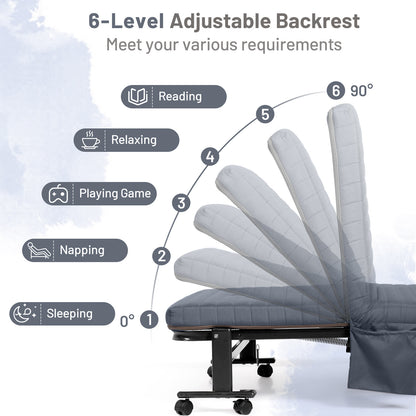 Adjustable Folding Guest Bed Frame with Mattress and Wheels-Gray