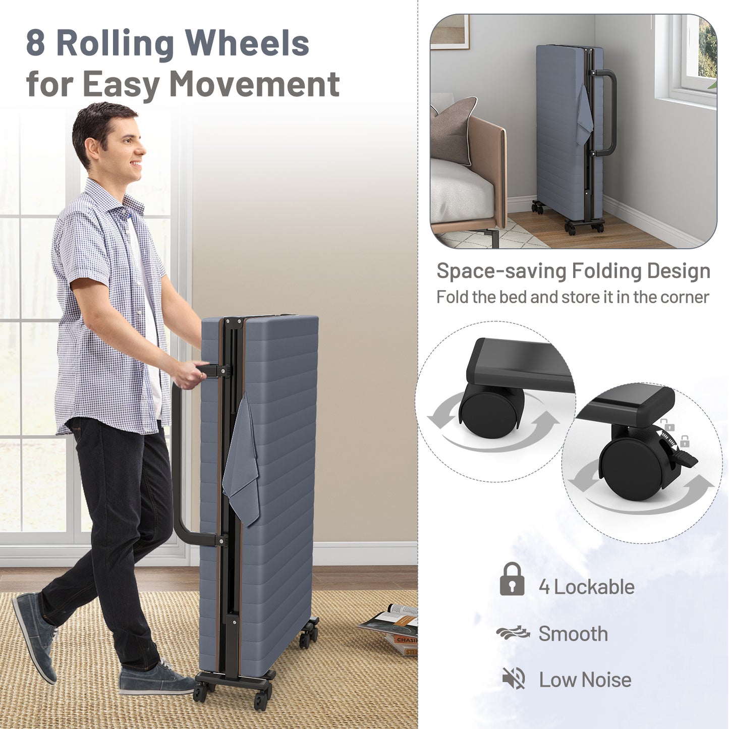 Adjustable Folding Guest Bed Frame with Mattress and Wheels-Gray