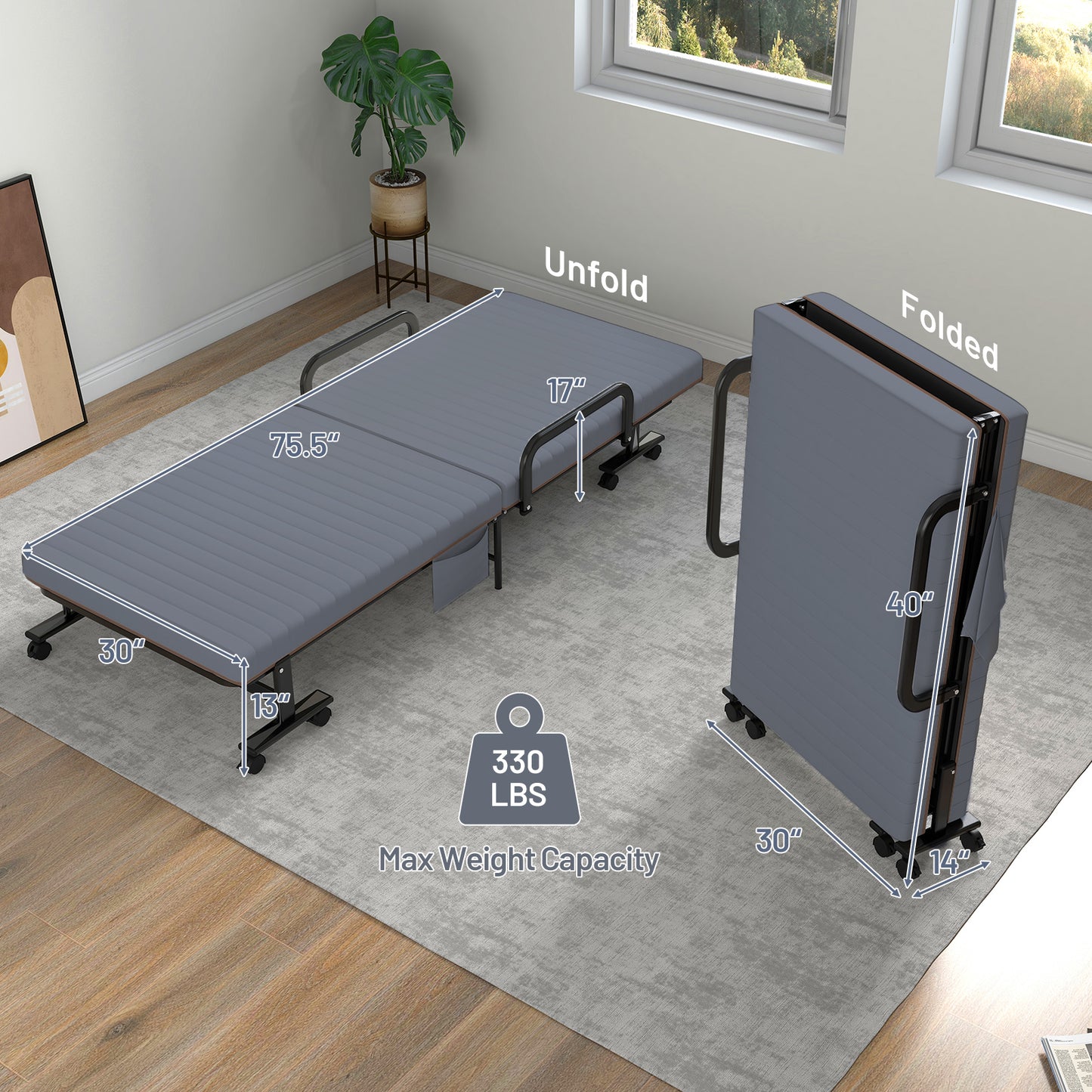 Adjustable Folding Guest Bed Frame with Mattress and Wheels-Gray