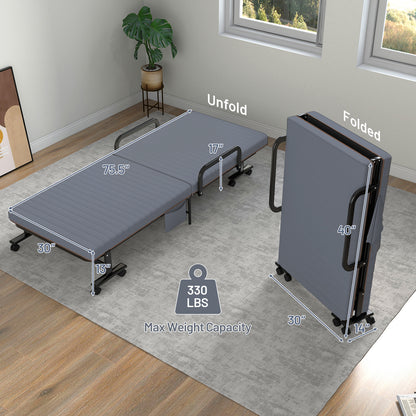 Adjustable Folding Guest Bed Frame with Mattress and Wheels-Gray