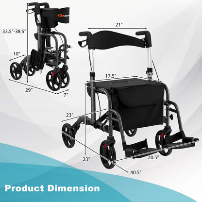 2-in-1 Adjustable Folding Handle Rollator Walker with Storage Space-Red - Black