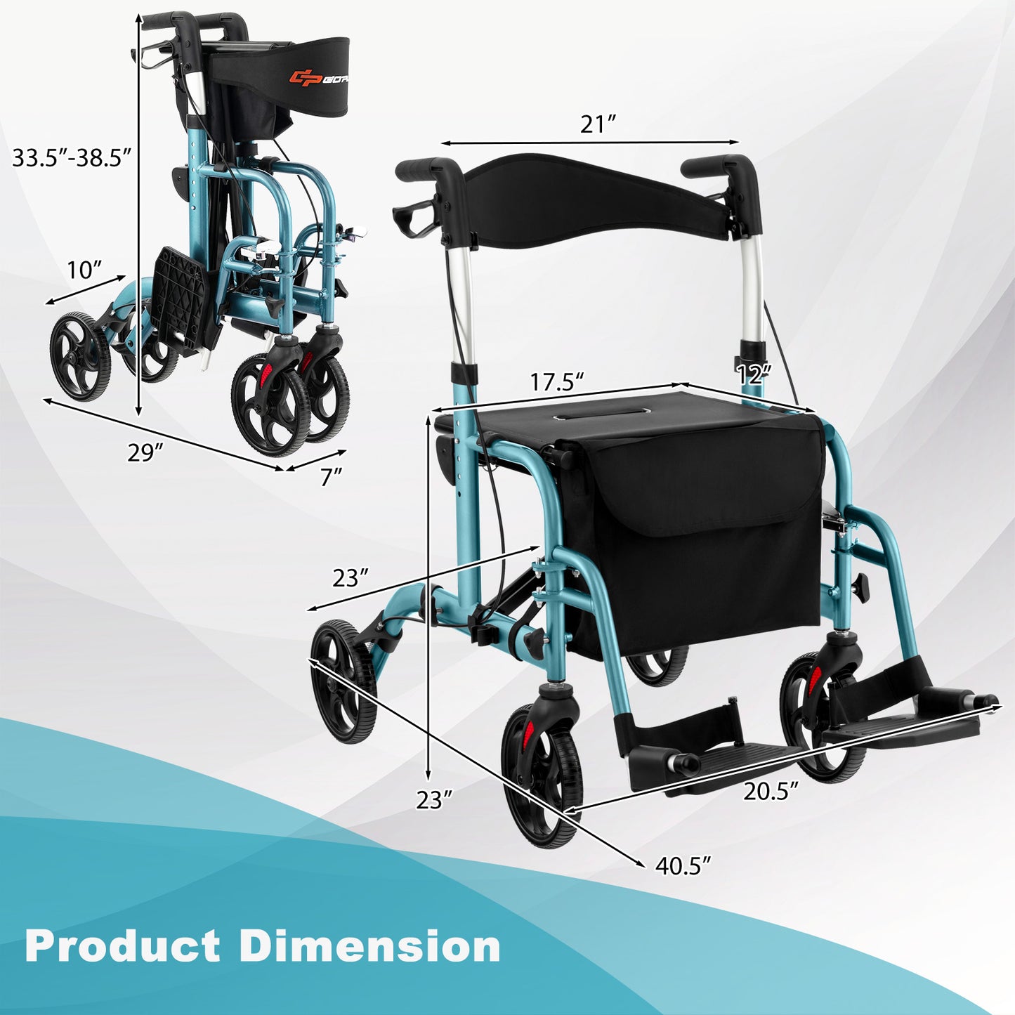 2-in-1 Adjustable Folding Handle Rollator Walker with Storage Space-Red - Blue