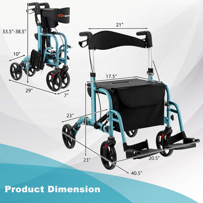 2-in-1 Adjustable Folding Handle Rollator Walker with Storage Space-Red - Blue