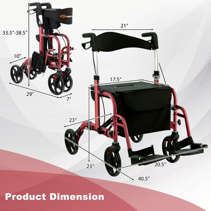 2-in-1 Adjustable Folding Handle Rollator Walker with Storage Space
